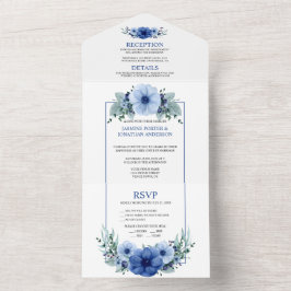 Marineblauw, Lichtblauw Anemoon Bloemen | All In One Uitnodiging