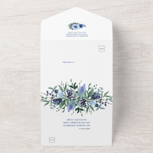 Marineblauw, Lichtblauwe Anemoon Bloemen | All In One Uitnodiging (Buitenkant)