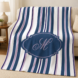 Marineblauw +Lichtpaars +Witte Verticale Strepen | Fleece Deken
