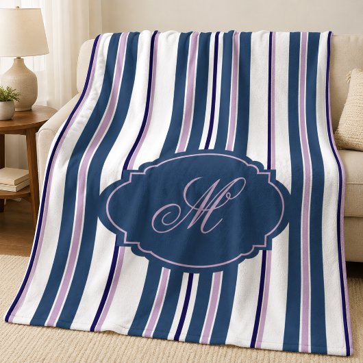 Marineblauw +Lichtpaars +Witte Verticale Strepen | Fleece Deken