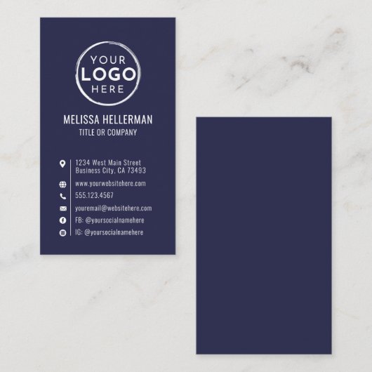 Marineblauw Logo Minimaal Modern Verticaal Visitekaartje (Voorkant / Achterkant)