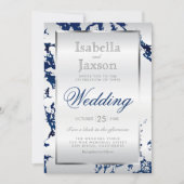 Marineblauw marmer, zilver & wit satijn uitnodigin kaart (Voorkant)
