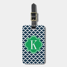 Marineblauw Marokkaans patroon met groene monogram Bagagelabel