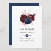 Marineblauw, Maroon en Roze Gouden Bloemen Save th Save The Date (Voorkant / Achterkant)