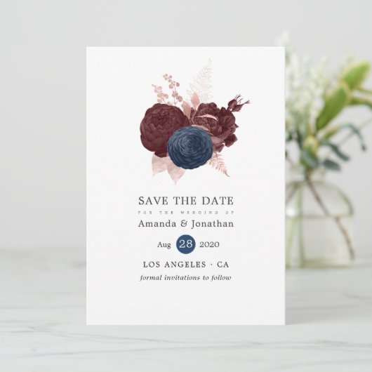 Marineblauw, Maroon en Roze Gouden Bloemige Save t Save The Date (Staand voorkant)
