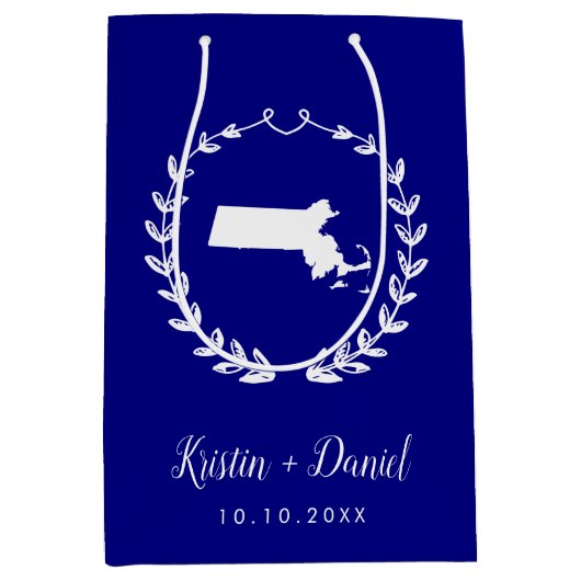 Marineblauw Massachusetts Kaart Bruiloft Welkom Sw Medium Cadeauzakje (Voorkant)