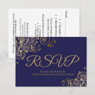 Marineblauw met Elegante Gouden Kant Trouwfeest RSVP Kaartje