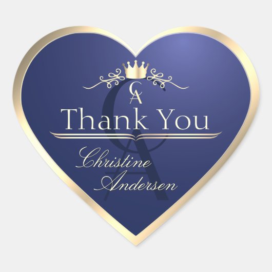 Marineblauw met gouden frame en monogram bedankt hart sticker (Voorkant)