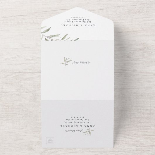 Marineblauw met minimale groene trouwerij all in one uitnodiging (Buitenkant)