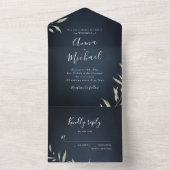 Marineblauw met minimale groene trouwerij all in one uitnodiging (Binnen)