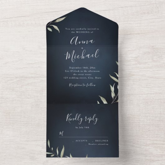 Marineblauw met minimale groene trouwerij all in one uitnodiging (Binnen)