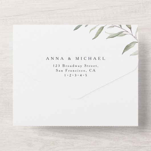 Marineblauw met minimale groene trouwerij all in one uitnodiging (Achterkant)