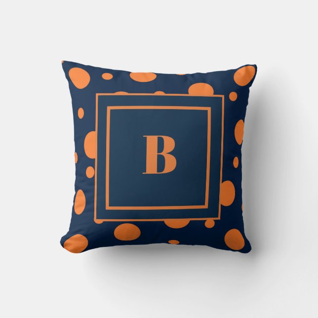 Marineblauw met oranje stippen grote monogram kussen (Voorkant)