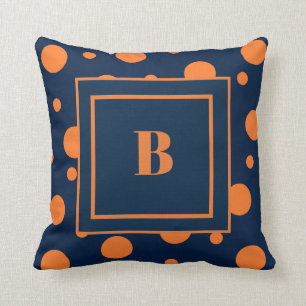 Marineblauw met oranje stippen grote monogram kussen