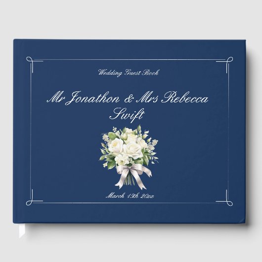 Marineblauw met White Rose's bruiloft gastenboek (Voorkant)