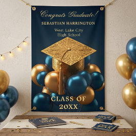 Marineblauw Metallic Gouden Ballon Afstudeerfeest Spandoek