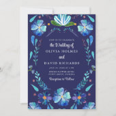 Marineblauw Mexicaans Bloemen Fiesta Bruiloft Kaart (Voorkant)