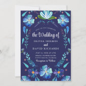 Marineblauw Mexicaans Bloemen Fiesta Bruiloft Uitn Kaart (Voorkant)