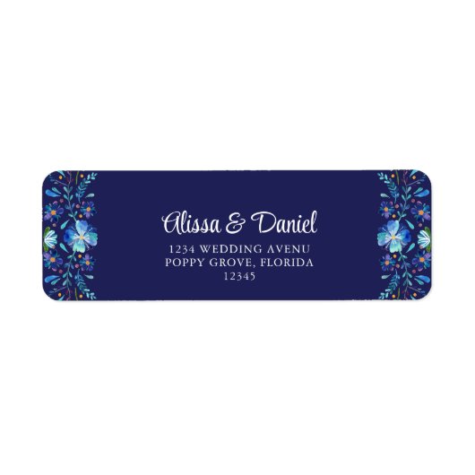 Marineblauw Mexicaans Floral Fiesta Retouradres Etiket (Voorkant)