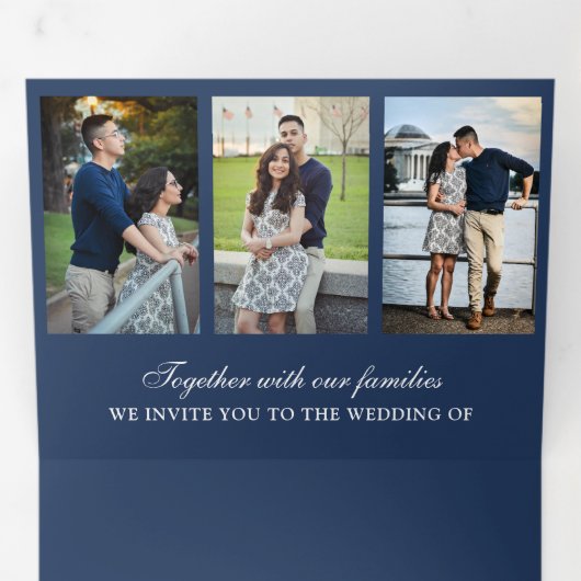 Marineblauw minimaal 3 in 1 Fotocollage Bruiloft Drieluik Uitnodiging (Binnenzijde eerst)