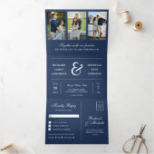 Marineblauw minimaal 3 in 1 Fotocollage Bruiloft Drieluik Uitnodiging (Binnen)