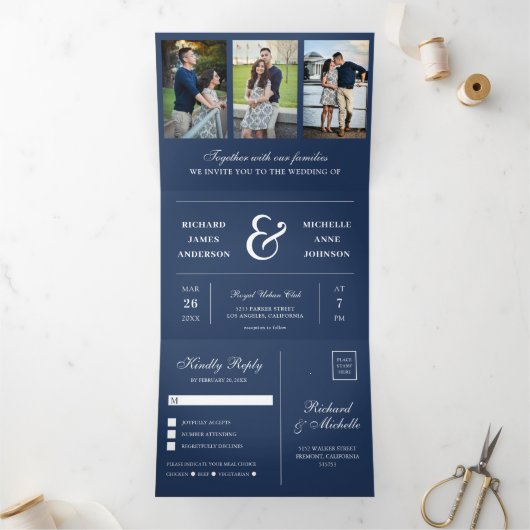 Marineblauw minimaal 3 in 1 Fotocollage Bruiloft Drieluik Uitnodiging (Binnen)