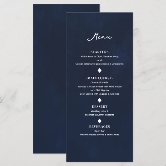 Marineblauw Minimaal Modern Elegaant Trouwmenu Menu (Voorkant / Achterkant)