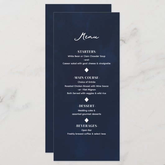 Marineblauw Minimaal Modern Elegant Bruiloft Menu (Voorkant / Achterkant)