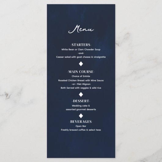 Marineblauw Minimaal Modern Elegant Bruiloft Menu (Voorkant)