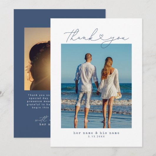 Marineblauw | Minimalistisch Eenvoudig Script Hart Bedankkaart (Voorkant / Achterkant)