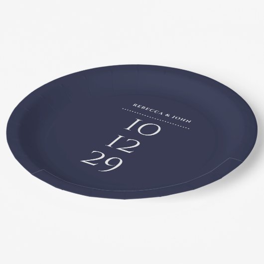 Marineblauw minimalistisch speciaal date bruiloft papieren bordje (Gekanteld)
