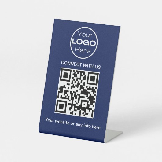 Marineblauw minimalistische zakelijke Logo en QR-c Reclamebord Met Voetstuk (Voorkant)
