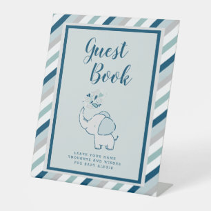 Marineblauw & Mint Olifant Baby Shower Gastboek Reclamebord Met Voetstuk