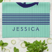 Marineblauw & Mint Stripes & Nautical Boat Anchor  Theedoek (Gevouwen)