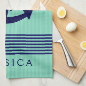 Marineblauw & Mint Stripes & Nautical Boat Anchor  Theedoek (Quarter Fold)