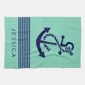 Marineblauw & Mint Stripes & Nautical Boat Anchor  Theedoek (Horizontaal)