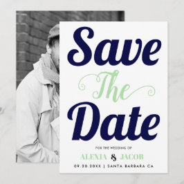 Marineblauw, mint typografie en foto aan de achter save the date