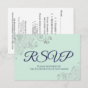 Marineblauw & Mintgroen Elegante Zilveren Kant Tro RSVP Kaartje