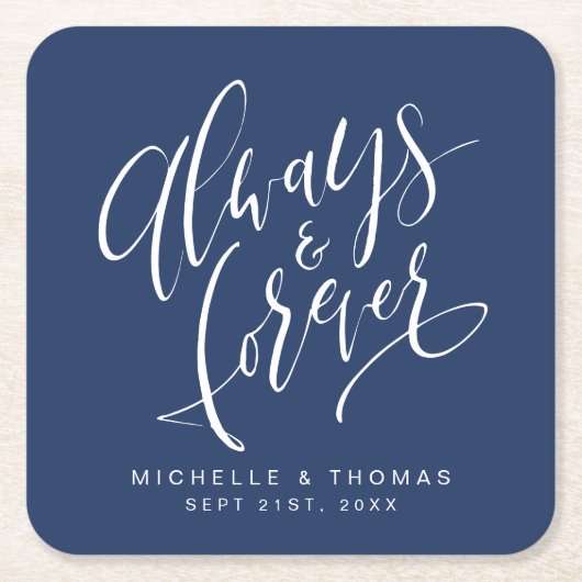 Marineblauw Modern Altijd en voor altijd script Kartonnen Onderzetters (Voorkant)