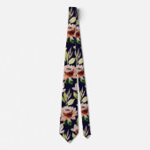 Marineblauw Modern Blossom Waterverf Bloemenmotief Stropdas (Voorkant)