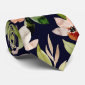 Marineblauw Modern Blossom Waterverf Bloemenmotief Stropdas (Opgerold)