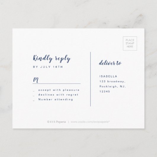 Marineblauw Modern Eenvoudig Script bruiloft RSVP Uitnodiging Briefkaart (Achterkant)