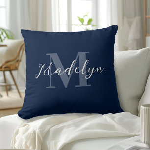 Marineblauw Modern Initiaal Naam Monogram Kussen