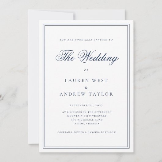 Marineblauw Modern Minimalist De bruiloft van Kaart (Voorkant)