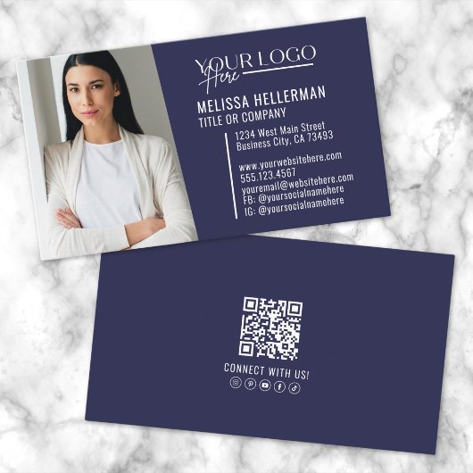 Marineblauw Modern Professionele QR Code Fotologo Visitekaartje