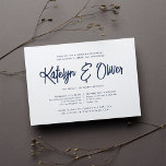 Marineblauw | Modern Signature Rehearsal Dinner Kaart<br><div class="desc">Onze elegante, moderne huwelijksrepetitie diner of cocktailparty uitnodigingen in chic navy blue en white hebben je namen in handgeschreven script typografie. Pas je aan met je ceremonie repetitie en repetitieve diner details onder. Omvat ruimte voor de repetitietiming en het kerk- of locatieadres. Kaarten omkeren naar massief marinesurfblauw. Een chemisch ontwerp...</div>