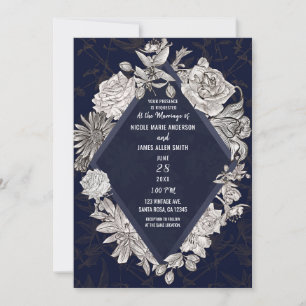 Marineblauw moderne diamant vintage bloemen bruilo kaart