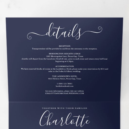 Marineblauw Moderne Elegante Script Monogram Huwel Drieluik Uitnodiging (Binnenzijde eerst)