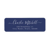 Marineblauw moderne elegante script retouradres etiket (Voorkant)