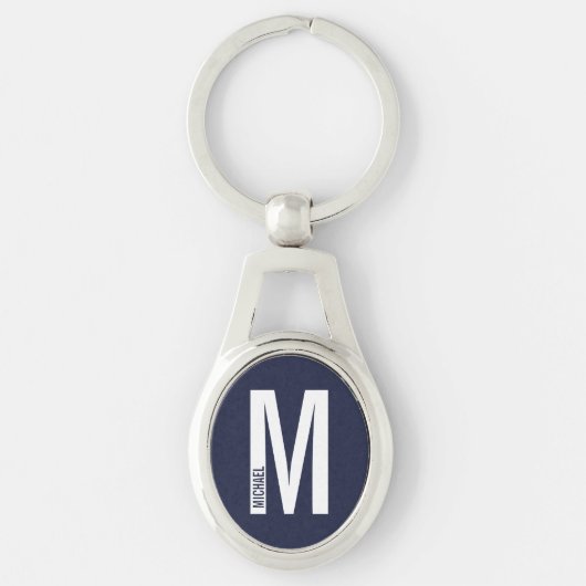 Marineblauw Moderne Gepersonaliseerde Monogram en Sleutelhanger (Voorkant)